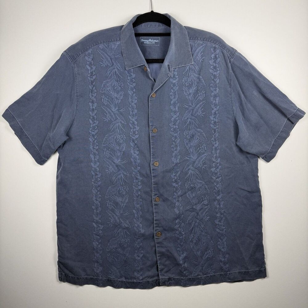 Tommy Bahama Shirt Mens XL Blue Silk Floral Hibiscus Embossed Hawaiian Camp
